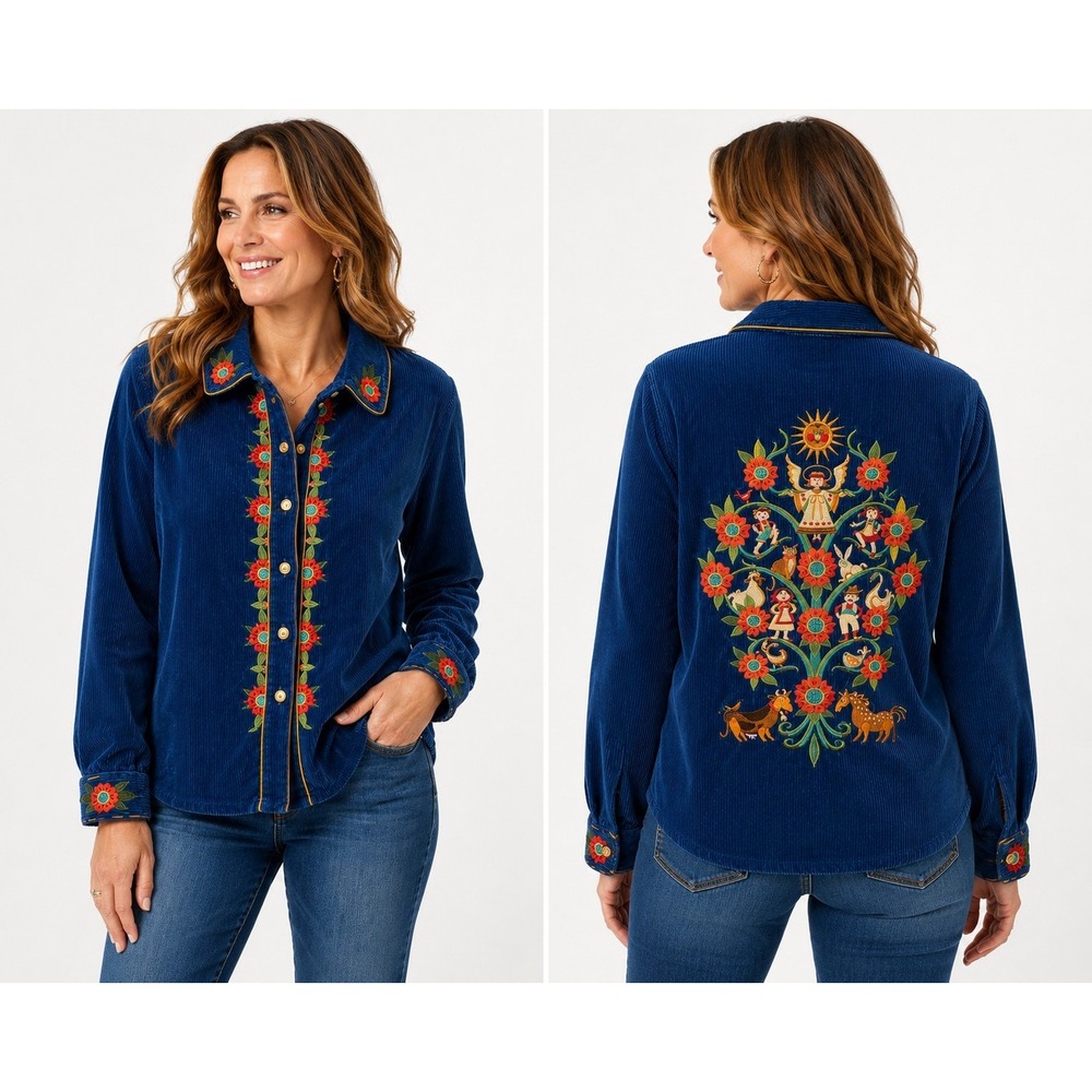 Bob Mackie Wear Embroidered Corduroy Shirt Jacket Women's Blue Folk Art Angel XL